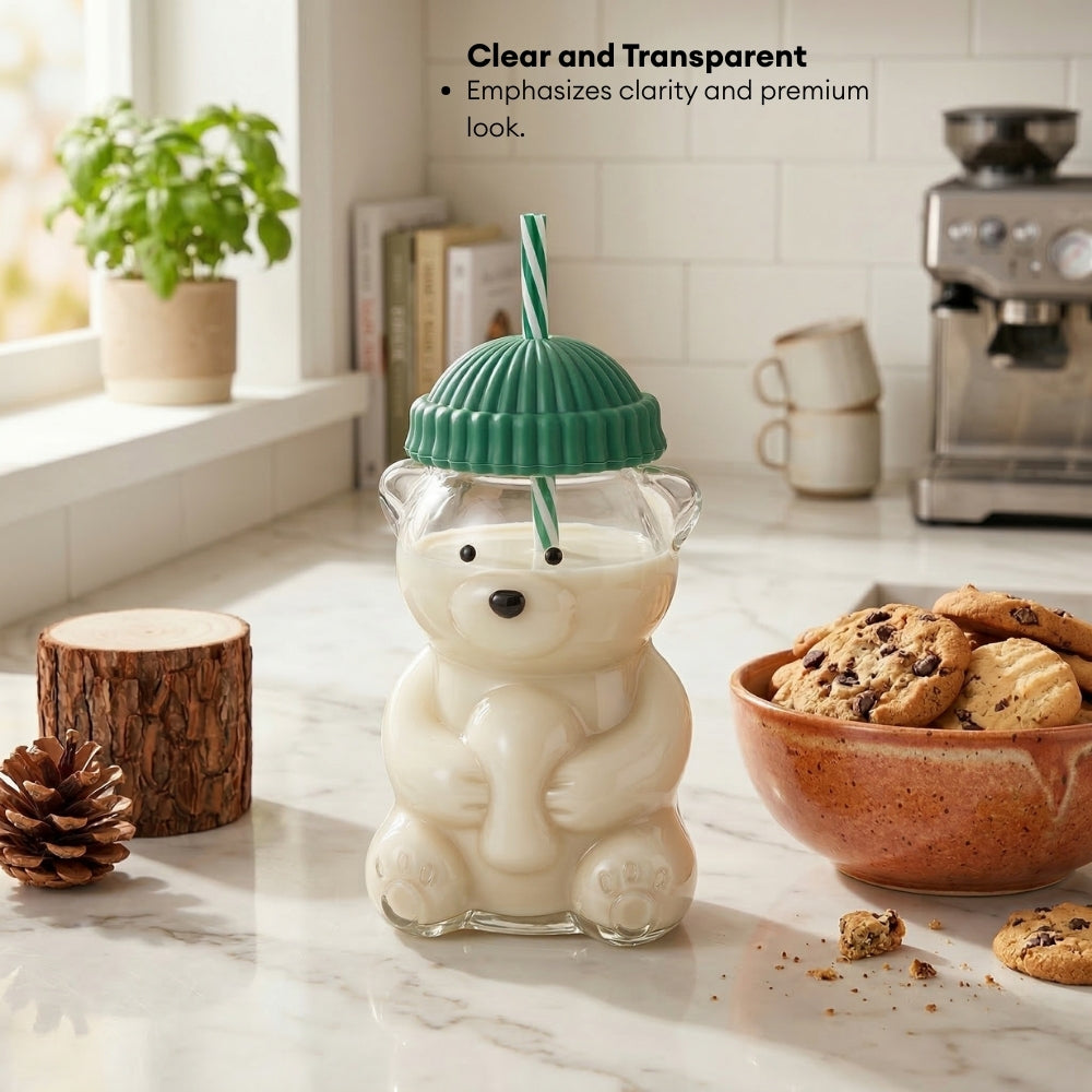 560ML Borosilicate Glass Cute Bear Tumbler with Straw & Silicone Lid Water Bottle Portable Drink Cup for Juice