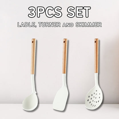 Locaupin SET Silicone Cooking Utensil Non Stick Heat Resistant Kitchen Tools with Wooden Handle Food Grade High Quality Cookware