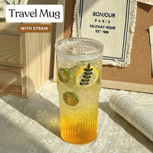 Load image into Gallery viewer, LOCAUPIN Glass Travel Mug with Straw Cover Coffee Cup Tumbler Stripe Textured Hot Cold Beverage
