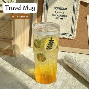 LOCAUPIN Glass Travel Mug with Straw Cover Coffee Cup Tumbler Stripe Textured Hot Cold Beverage