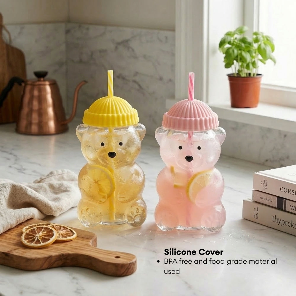 560ML Borosilicate Glass Cute Bear Tumbler with Straw & Silicone Lid Water Bottle Portable Drink Cup for Juice
