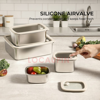 LOCAUPIN 304 Stainless Steel Food Container with Tempered Glass Lid Fresh Keeping Box Food Trays Food Storage Dispenser