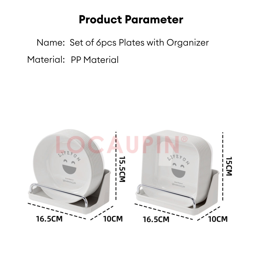 LOCAUPIN 6pcs Plates Set with Plates Storage Organizer Kitchenware Dish Rack Round Square Plastic Plate Dinnerware Set