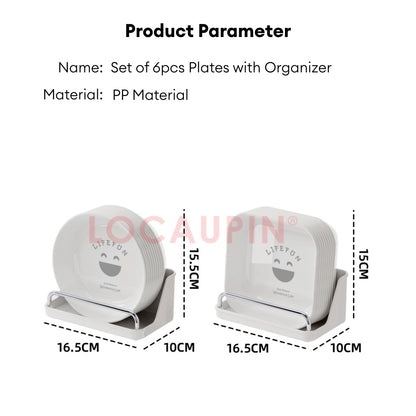 LOCAUPIN 6pcs Plates Set with Plates Storage Organizer Kitchenware Dish Rack Round Square Plastic Plate Dinnerware Set