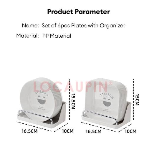 LOCAUPIN 6pcs Plates Set with Plates Storage Organizer Kitchenware Dish Rack Round Square Plastic Plate Dinnerware Set