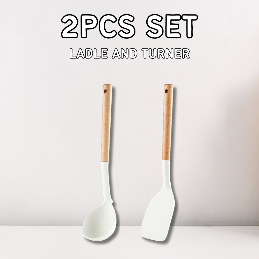 Locaupin SET Silicone Cooking Utensil Non Stick Heat Resistant Kitchen Tools with Wooden Handle Food Grade High Quality Cookware