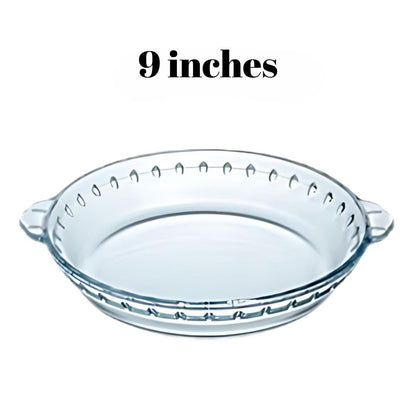 Locaupin Round Borosilicate Glass Baking Pan Pie Dinner Main Dish Serving Bowl Microwave Oven Plate with Handle Soft Wave Edge