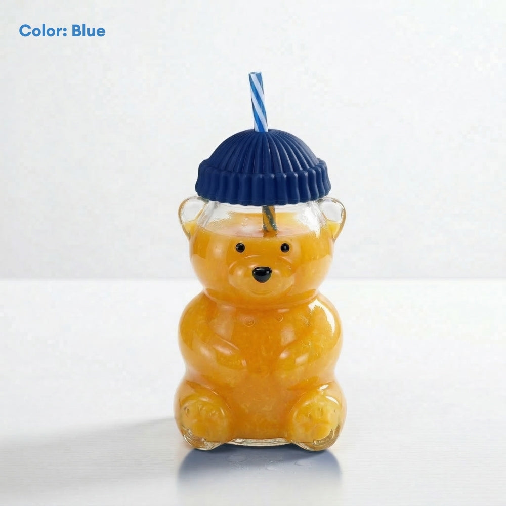 560ML Borosilicate Glass Cute Bear Tumbler with Straw & Silicone Lid Water Bottle Portable Drink Cup for Juice
