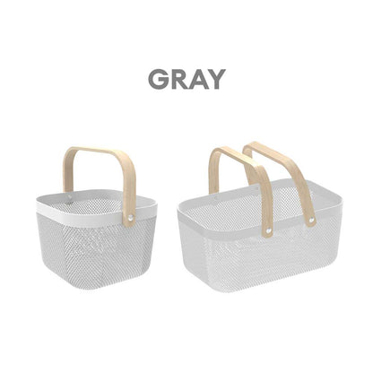 Locaupin Plastic Mesh Basket with Wooden Handle Cosmetic Organizer Kitchen Fruit Vegetable Storage Multifunctional Salon Spa Shopping Bin