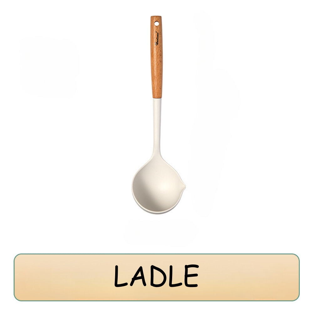 Locaupin High Quality Food Grade Silicone Cooking Utensils Kitchenware Spoon Ladle Turner With Wooden Handle Non Stick Cookware