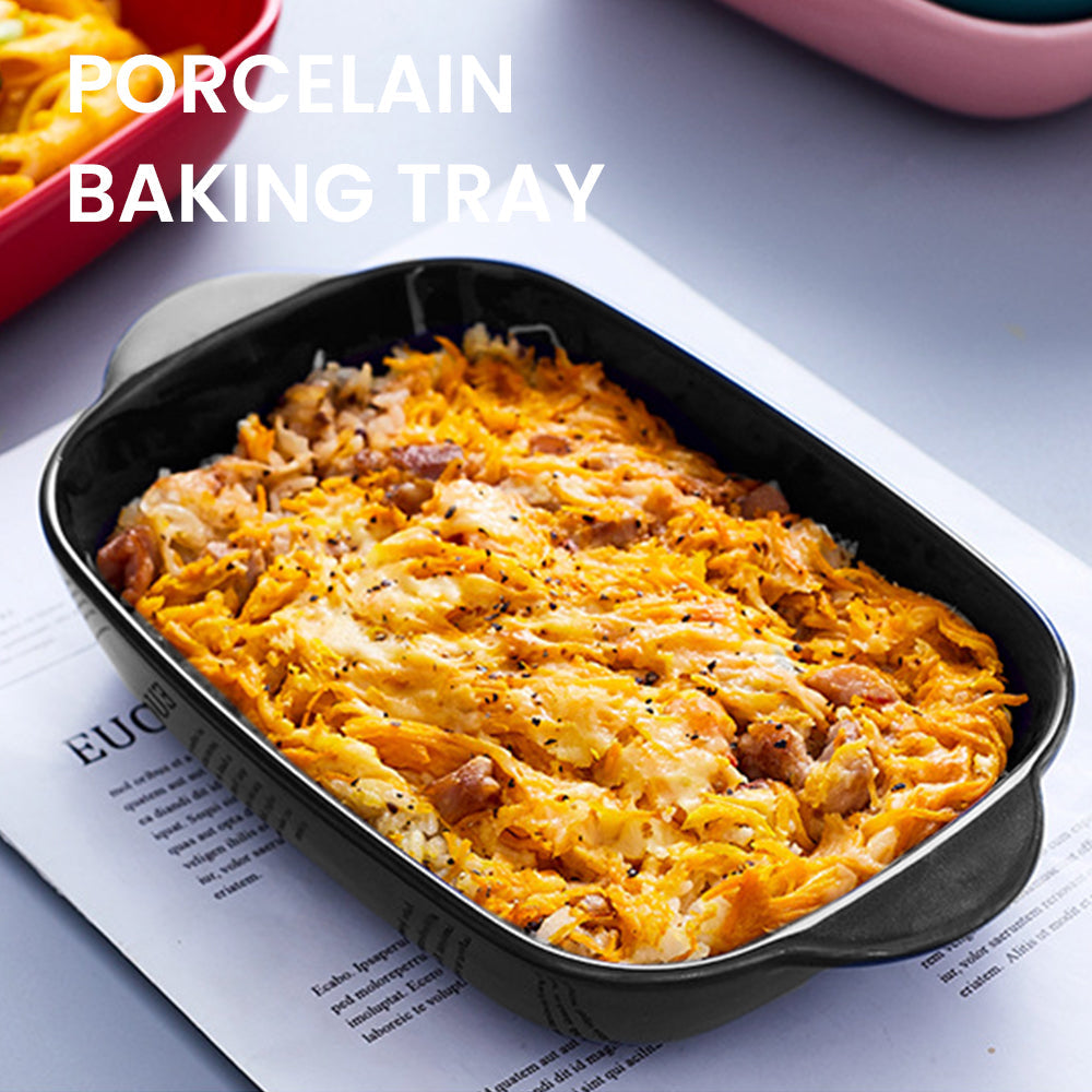 Locaupin Tableware Microwavable Oven Food Porcelain Baking Dish Pan Plate Casserole Rectangular Bakeware Double Handle Lasagna Pasta Cooking