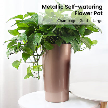 Locaupin Modern Flower Pot Metallic Shade Plastic Self Watering Planter with Inner Basket Indoor Outdoor Gardening Decoration