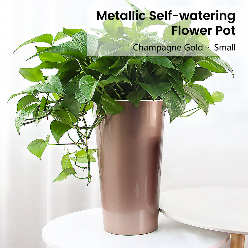 Locaupin Modern Flower Pot Metallic Shade Plastic Self Watering Planter with Inner Basket Indoor Outdoor Gardening Decoration