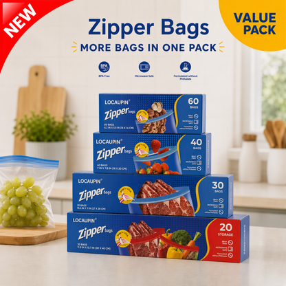 LOCAUPIN Zipper Bags Value Pack Microwave Safe Leakproof Food Storage Freezer Bags with Double Seal & Labeling Area