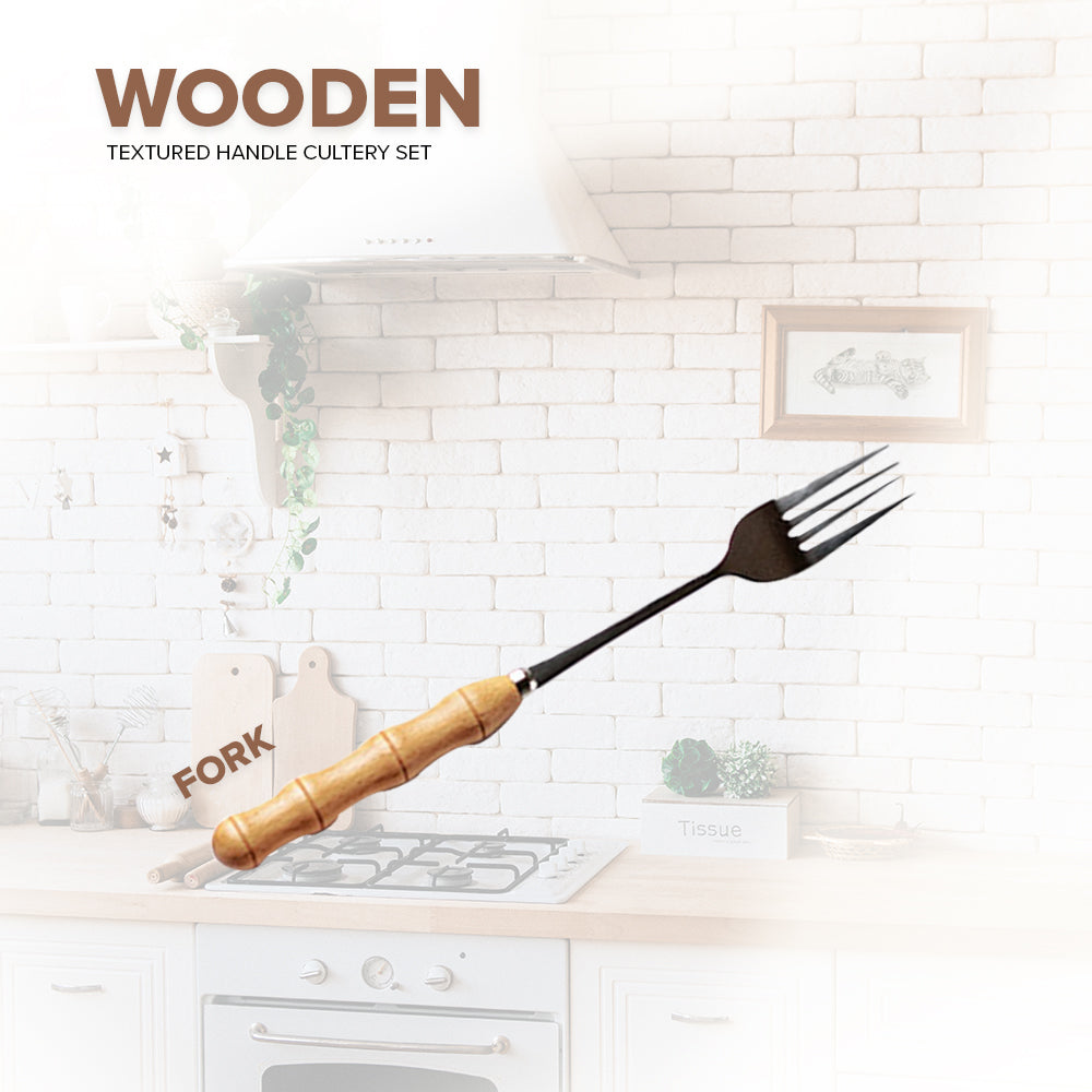 Locaupin Stainless Steel Bamboo Handle Silverware Cutlery Utensils Spoon Knife Two Prong Fruit Fork Teaspoon Dining Table Serving Dish Dessert Appetizer