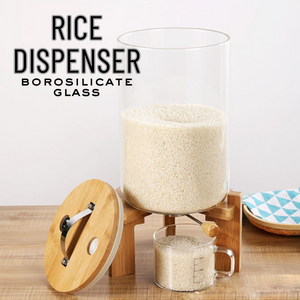 Locaupin Glass Rice Dispenser with Wooden Stand Grains Cereals Oatmeal Dry Food Storage for Kitchen Pantry Glass Tank