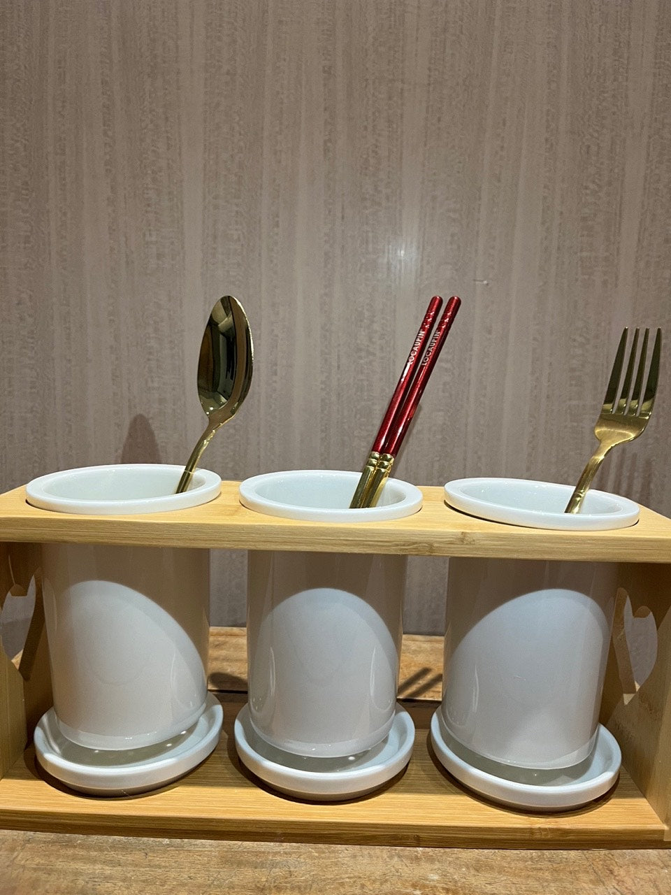 Locaupin Nordic Porcelain Kitchen Utensils Cutlery Holder Rack Chopstick Spoon Fork Jar Container Bamboo Cage Storage with Drainer