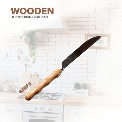 Locaupin Stainless Steel Bamboo Handle Silverware Cutlery Utensils Spoon Knife Two Prong Fruit Fork Teaspoon Dining Table Serving Dish Dessert Appetizer