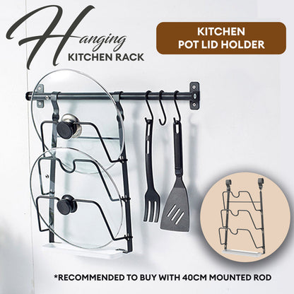Locaupin Wall Mounted Kitchen Rack Space Saving Hanging Organizer Utensil Knives Holder Pot Lid Shelf Plates Storage Rod with Hooks