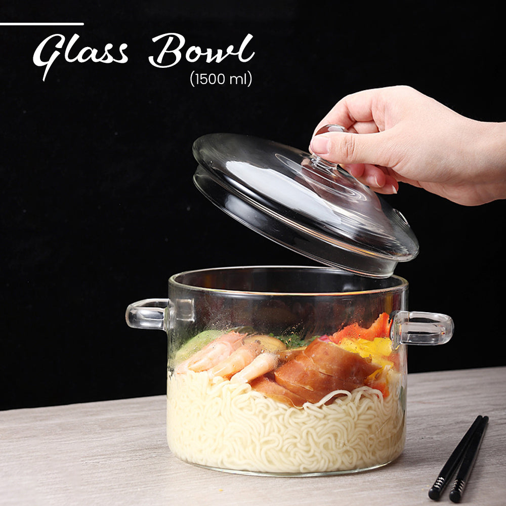 Locaupin Borosilicate Glass Microwavable Oven Safe Noodle Cooking Pot Heat Resistant Serving Soup Bowls With Lid and Handle