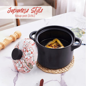 Locaupin Japanese Style Sakura Design Kitchen Porcelain Casserole Cooking Soup Pot with Lid and Handle Heat Resistant Dinner Serving Bowl