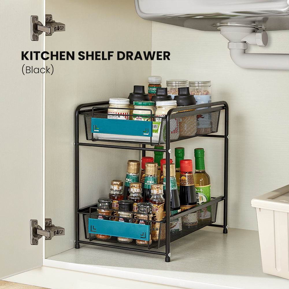 Locaupin Kitchen Rack Under the Sink Shelf Multi-functional Sliding Basket Drawer Double Layer Metal Coated Seasoning Organizer