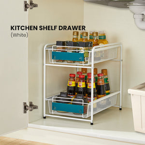 Locaupin Kitchen Rack Under the Sink Shelf Multi-functional Sliding Basket Drawer Double Layer Metal Coated Seasoning Organizer