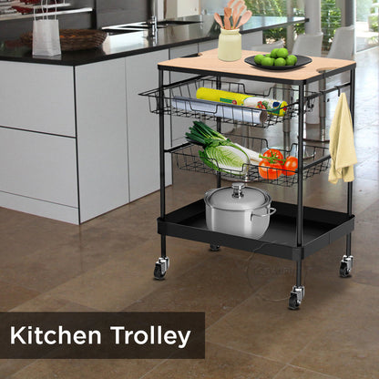 4-Tier Wooden Table Top Rolling Kitchen Serving Utility Cart