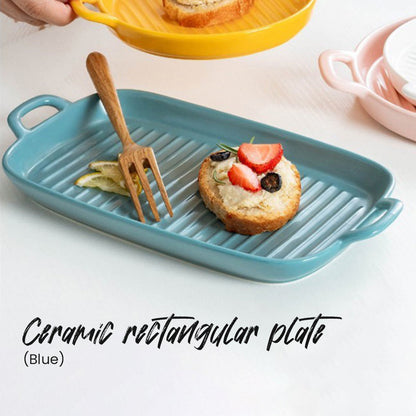Locaupin Porcelain Microwavable Oven Safe Bakeware Serving Tray Rectangular Baking Pan Plate Dish For Dinner Dessert Pie with Two Handle