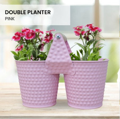 Locaupin Galvanized Metal Lightweight Double Bucket Planter Outdoor Plants Container Flower Pot with Wooden Handle Decorative Home Gardening