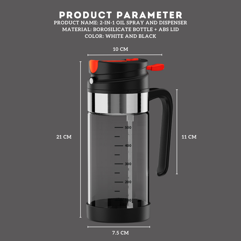 Locaupin 2 in 1 Borosilicate Glass Oil Spray and Dispenser Bottle Kitchen Condiments Container with 500 ml Capacity