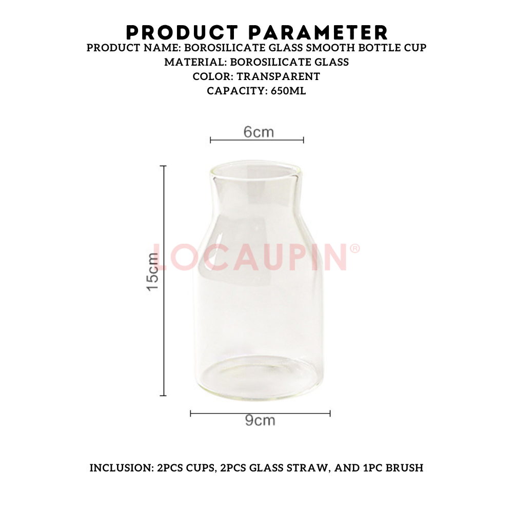 Locaupin 2 Pieces Borosilicate Glass Smooth Bottle Cup with 2 Straw and 1 Brush Simple Large Capacity Mug for Hot and Cold Drinks