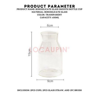 Locaupin 2 Pieces Borosilicate Glass Smooth Bottle Cup with 2 Straw and 1 Brush Simple Large Capacity Mug for Hot and Cold Drinks