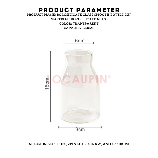 Locaupin 2 Pieces Borosilicate Glass Smooth Bottle Cup with 2 Straw and 1 Brush Simple Large Capacity Mug for Hot and Cold Drinks