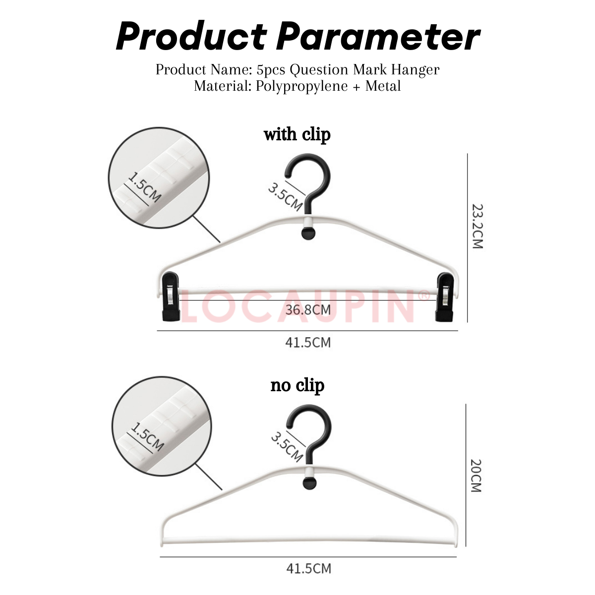 Locaupin 5pcs Set Question Mark Hanger with Adjustable Clips for Clothes, Trousers, Coats - Wardrobe & Laundry Closet Organizer