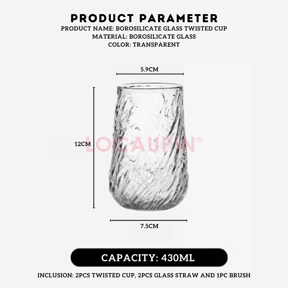 Locaupin 2 Pieces Borosilicate Glass Twisted Drinking Cup with 2 Straw and 1 Brush Textured Glassware Hot and Cold Resistant Mug