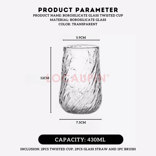 Locaupin 2 Pieces Borosilicate Glass Twisted Drinking Cup with 2 Straw and 1 Brush Textured Glassware Hot and Cold Resistant Mug