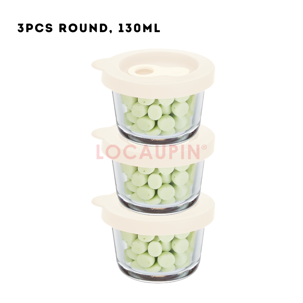 Locaupin Portable Borosilicate Glass 3in1 Baby Food Container with Silicone Lid Round and Square Shape Sealed Storage