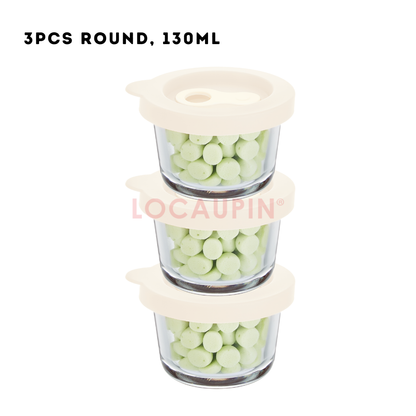 Locaupin Portable Borosilicate Glass 3in1 Baby Food Container with Silicone Lid Round and Square Shape Sealed Storage