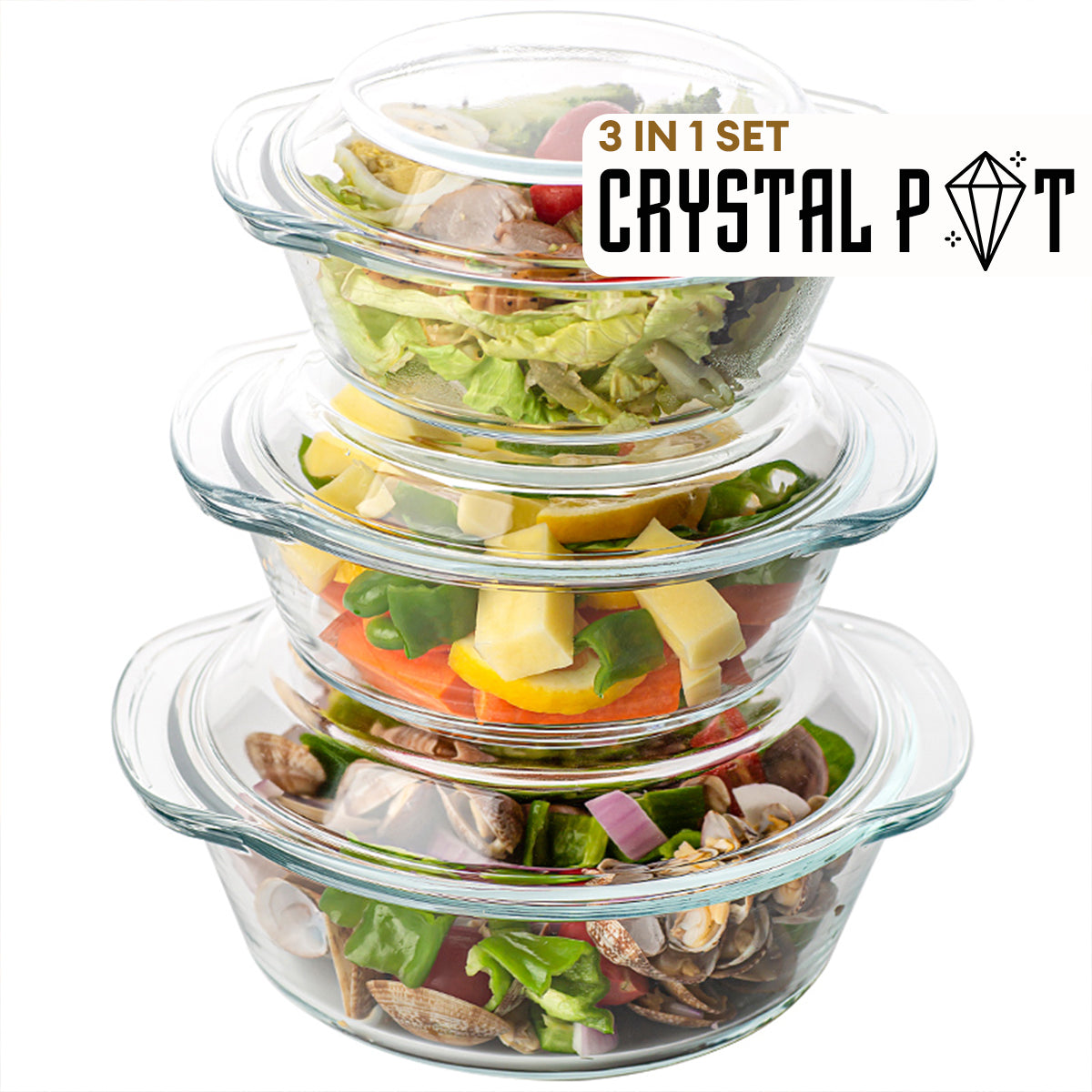 Locaupin Clear Borosilicate Glass Oven Safe Serving Casserole Dish Baking Round Covered Salad Bowl with Handle