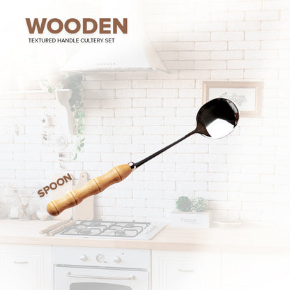 Locaupin Stainless Steel Bamboo Handle Silverware Cutlery Utensils Spoon Knife Two Prong Fruit Fork Teaspoon Dining Table Serving Dish Dessert Appetizer