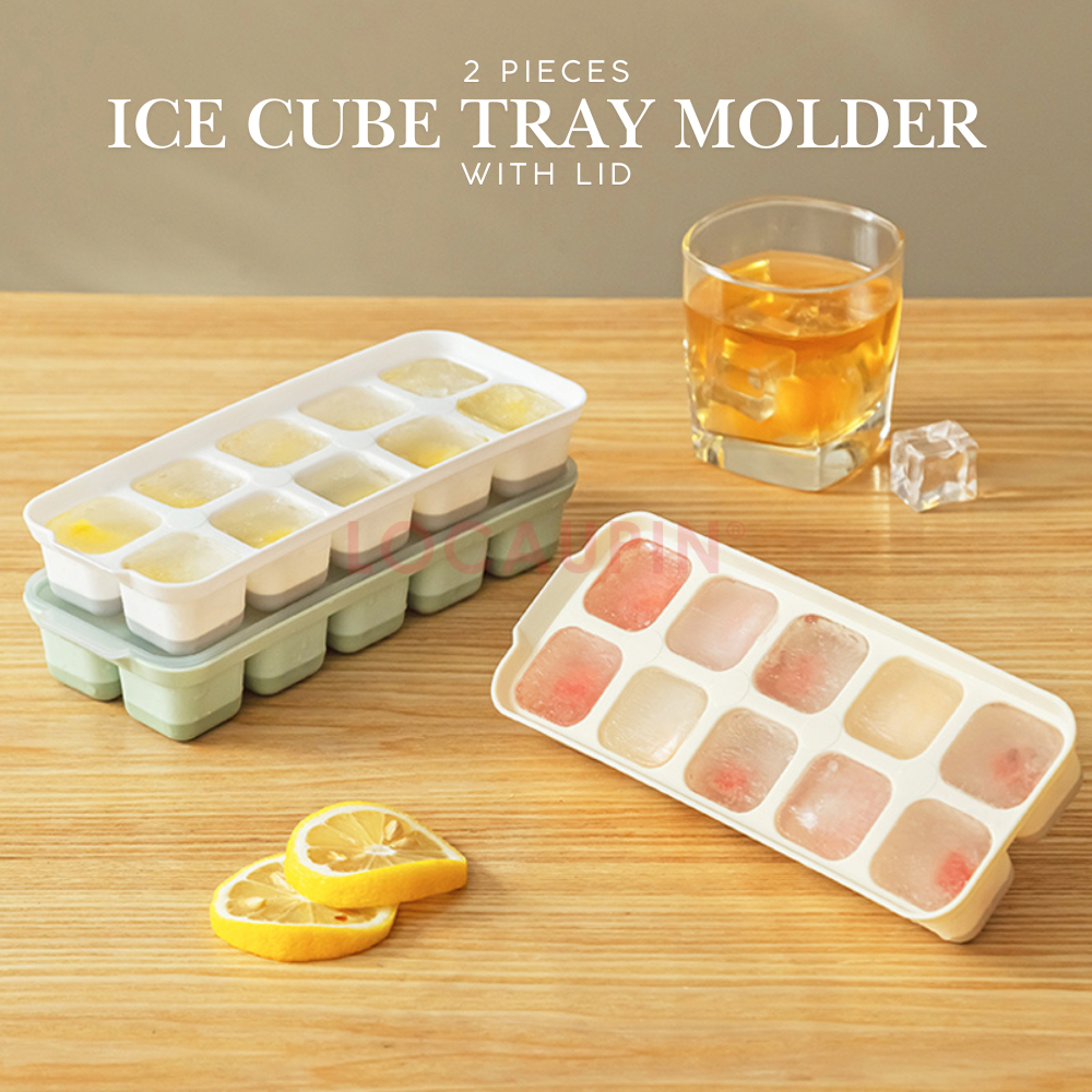 Locaupin 2 Pieces Set Mini Ice Cube Tray with Lid and Soft Bottom Silicone for Easy Demolding Stackable Compact 10 Grids Molder