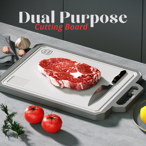 Locaupin Dual-Purpose Stainless-Steel Cutting Board with Knife Sharpener Bottom Bracket Standing Design Food Grade Kitchen Use