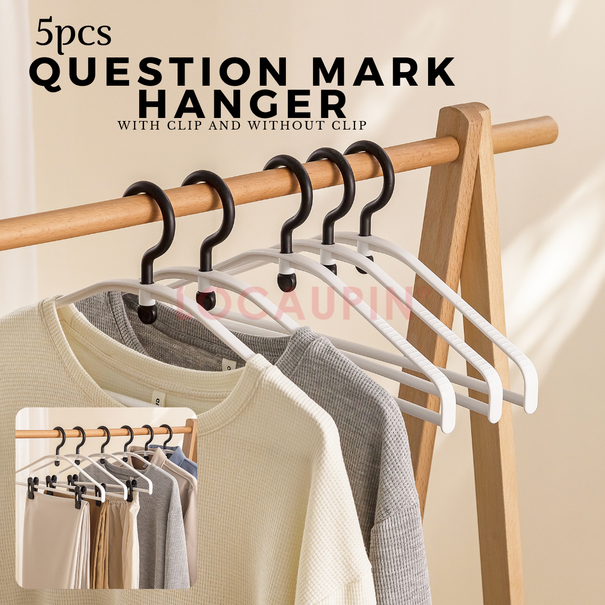 Locaupin 5pcs Set Question Mark Hanger with Adjustable Clips for Clothes, Trousers, Coats - Wardrobe & Laundry Closet Organizer