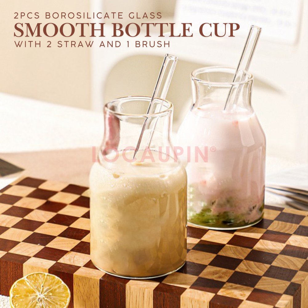 Locaupin 2 Pieces Borosilicate Glass Smooth Bottle Cup with 2 Straw and 1 Brush Simple Large Capacity Mug for Hot and Cold Drinks