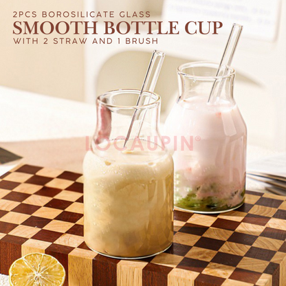 Locaupin 2 Pieces Borosilicate Glass Smooth Bottle Cup with 2 Straw and 1 Brush Simple Large Capacity Mug for Hot and Cold Drinks
