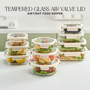 Locaupin Tempered Glass Air Valve Lid Airtight Food Keeper Borosilicate Lunch Box Leakproof Heat Resistant Meal Prep Container