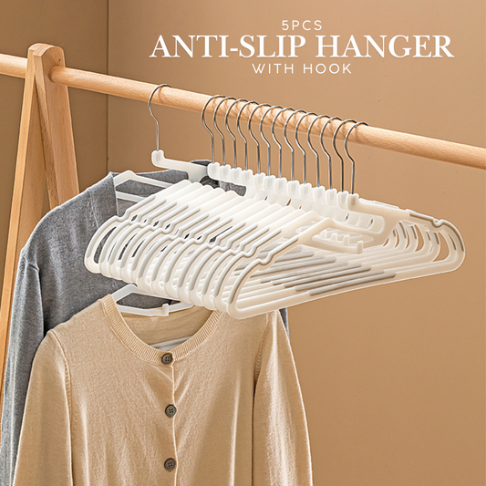 Locaupin 5pcs Anti-Slip Hanger with Hook Space Saving Clothes Holder Continuous Hanging Design Wardrobe Laundry Area Organizer