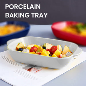 Locaupin Tableware Microwavable Oven Food Porcelain Baking Dish Pan Plate Casserole Rectangular Bakeware Double Handle Lasagna Pasta Cooking