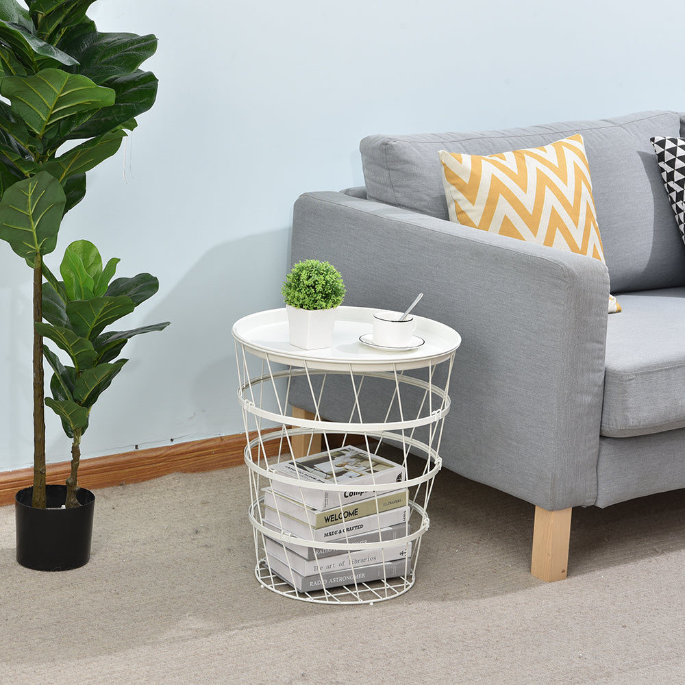 Locaupin Easy Assemble Modern Snack Coffee Side Table Wire Metal Multifunctional Storage Basket Shelf Lifting Top Plate Lid